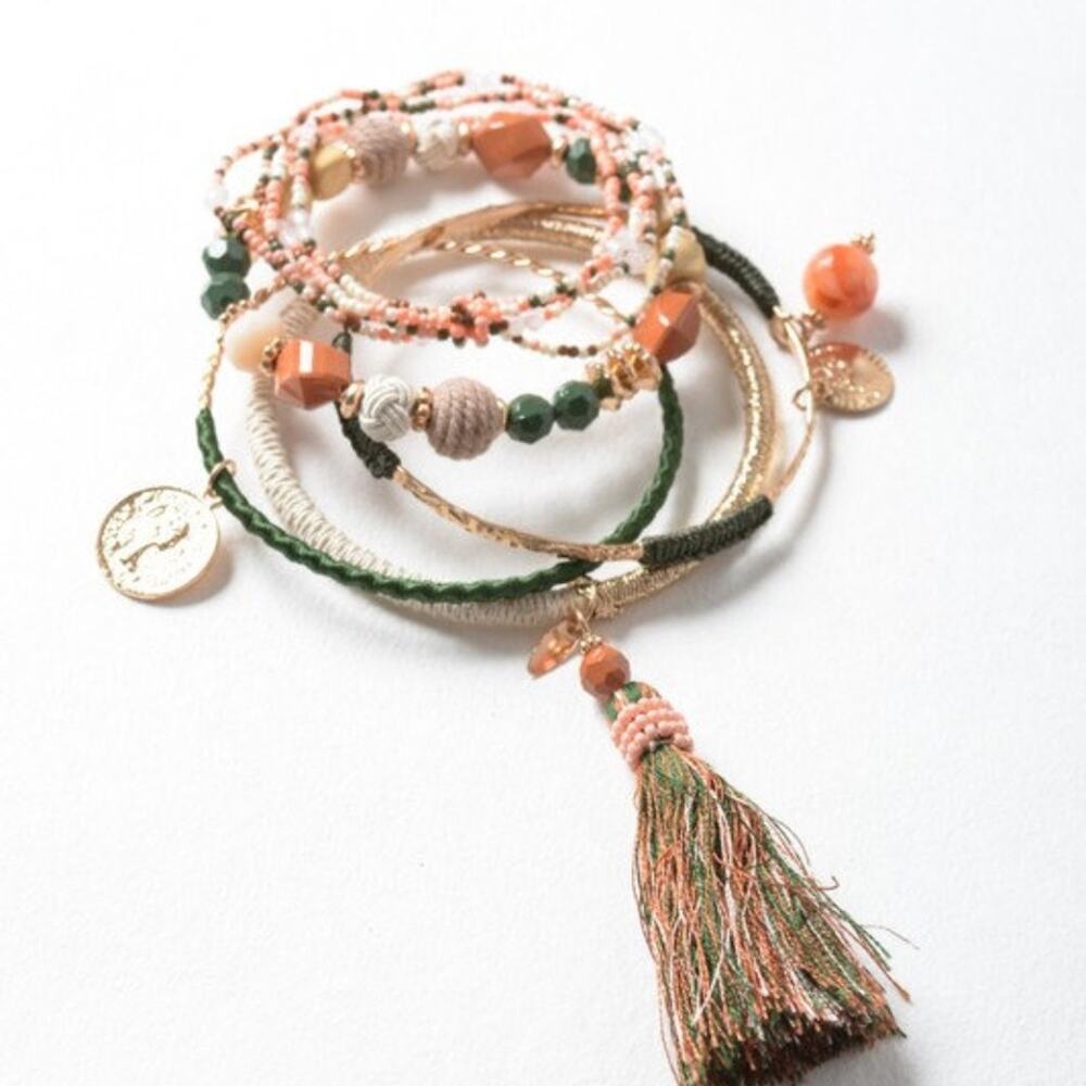 Boho Charm Beaded Tasseled Neutrals Earthy Bangle 5 Piece Bracelet Stack Set